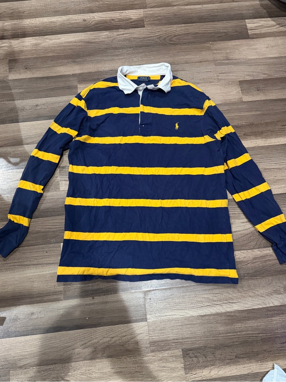 Polo by Ralph Lauren Navy and Yellow Striped V-Neck Rugby Shirt